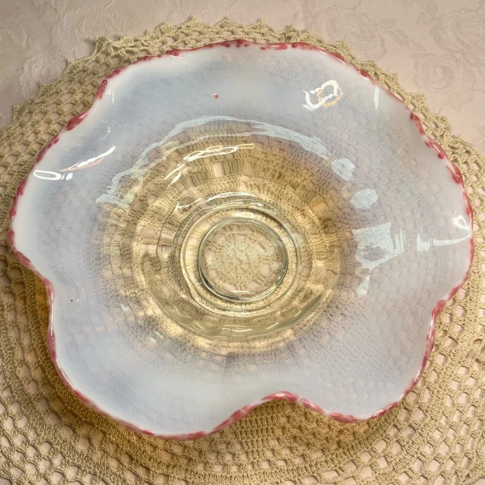 Pair Antique Cranberry Frit Moonstone Paneled Bowl Jefferson Glass Fancy Fantail